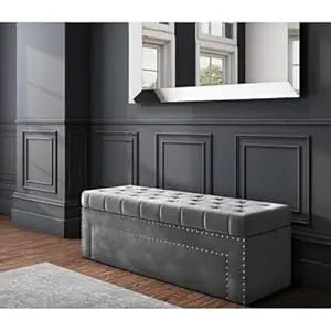 Roman Velvet Upholstered Ottoman Ripit with Storage 2 Seater Sofa Storage Box Footstool Toy Chest Shoe Bench Seats and Bed End Storage (Grey)