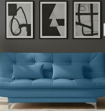 AMATA Eagle Solid Wood 3 Seater Sofa Cum Bed Sky Blue Suede Vlevet Fabric with Two Cushions Perfect for Home Living Office Room and Guests (Aqua Blue, Medium)