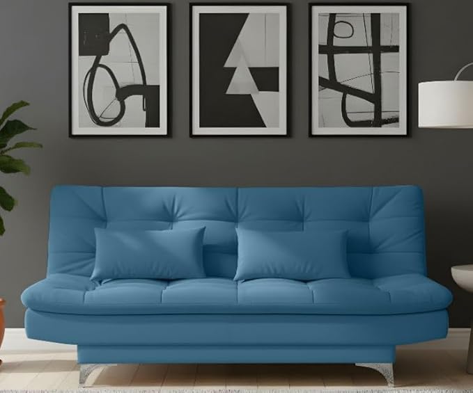AMATA Eagle Solid Wood 3 Seater Sofa Cum Bed Sky Blue Suede Vlevet Fabric with Two Cushions Perfect for Home Living Office Room and Guests (Aqua Blue, Medium)