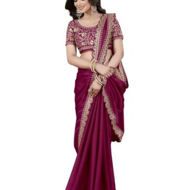 Women's Silk Saree with Embroidered Blouse Piece, Traditional Party Wear with Gold Border and Hand Work Lace