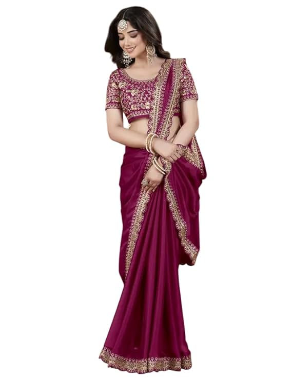 Women's Silk Saree with Embroidered Blouse Piece, Traditional Party Wear with Gold Border and Hand Work Lace