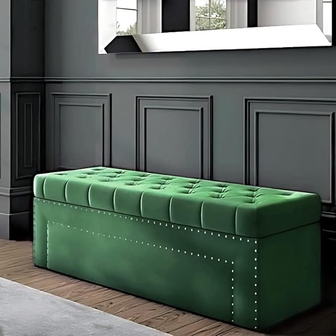 Roman Velvet Upholstered Ottoman Ripit with Storage 2 Seater Sofa Storage Box Footstool Toy Chest Shoe Bench Seats and Bed End Storage (Green)