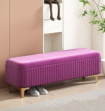 Qwen Velvet Upholstered Flip Top Storage Bench 2 Seater Sofa Upholstered Ottoman Bench with Storage for Living Room, Bedroom (Purple)