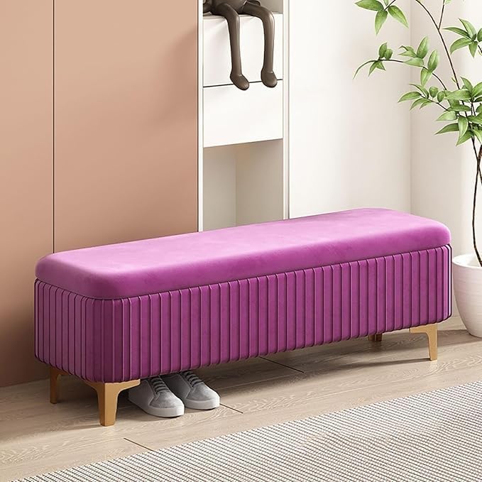 Qwen Velvet Upholstered Flip Top Storage Bench 2 Seater Sofa Upholstered Ottoman Bench with Storage for Living Room, Bedroom (Purple)