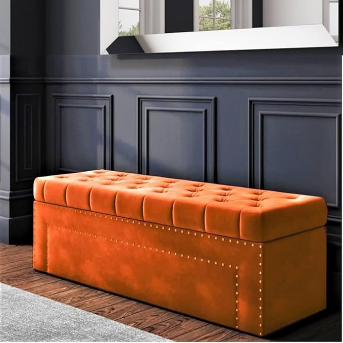 Roman Velvet Upholstered Ottoman Ripit with Storage 2 Seater Sofa Storage Box Footstool Toy Chest Shoe Bench Seats and Bed End Storage (Burnt Orange)