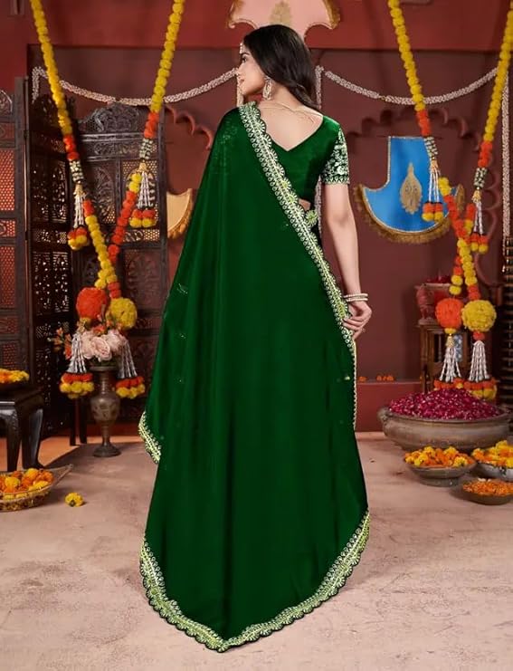 Women's Silk Saree with Embroidered Blouse Piece, Green, Traditional Party Wear with Gold Border and Hand Work Lace - Image 3