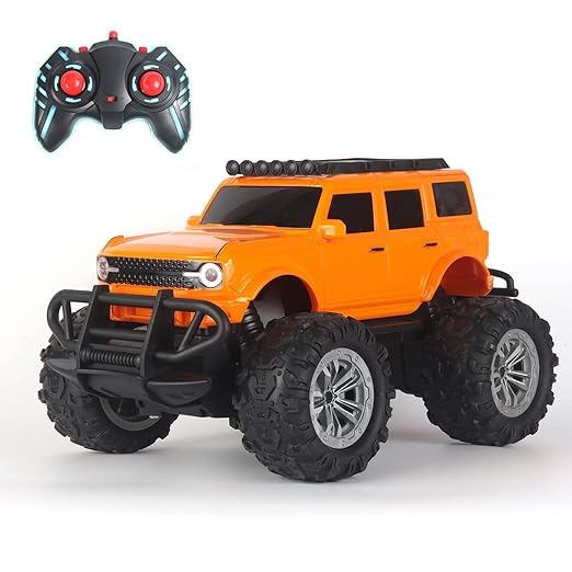 Popsugar Off Roader Rechargeable Remote Control Monster Truck with 4 Headlight Modes | Lithium Battery | C-Type Charging | Remote Control Car for Kids | Made in India, Orange