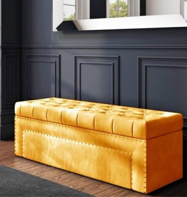 Roman Velvet Upholstered Ottoman Ripit with Storage 2 Seater Sofa Storage Box Footstool Toy Chest Shoe Bench Seats and Bed End Storage (Mustard)