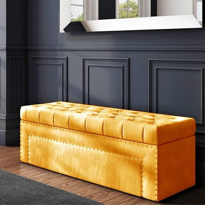 Roman Velvet Upholstered Ottoman Ripit with Storage 2 Seater Sofa Storage Box Footstool Toy Chest Shoe Bench Seats and Bed End Storage (Mustard)