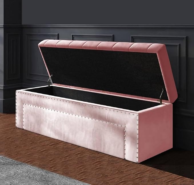 Roman Velvet Upholstered Ottoman Ripit with Storage 2 Seater Sofa Storage Box Footstool Toy Chest Shoe Bench Seats and Bed End Storage (Baby Pink) - Image 2