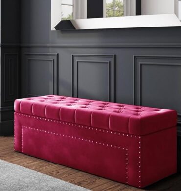 Roman Velvet Upholstered Ottoman Ripit with Storage 2 Seater Sofa Storage Box Footstool Toy Chest Shoe Bench Seats and Bed End Storage (Dark Pink)
