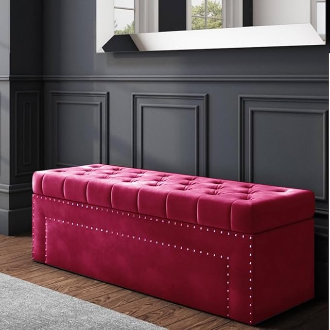 Roman Velvet Upholstered Ottoman Ripit with Storage 2 Seater Sofa Storage Box Footstool Toy Chest Shoe Bench Seats and Bed End Storage (Dark Pink)