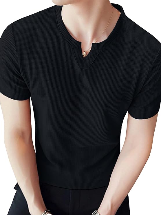 Men's Waffle Knitted V Neck|T Shirt for Man|Waffle|Cotton|Casual| Regular Fit Tees