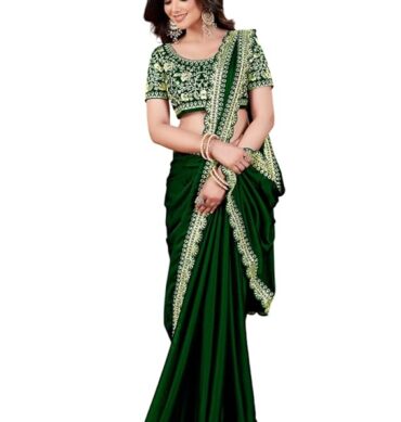 Women's Silk Saree with Embroidered Blouse Piece, Green, Traditional Party Wear with Gold Border and Hand Work Lace