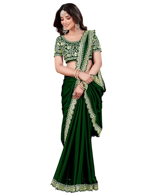Women's Silk Saree with Embroidered Blouse Piece, Green, Traditional Party Wear with Gold Border and Hand Work Lace