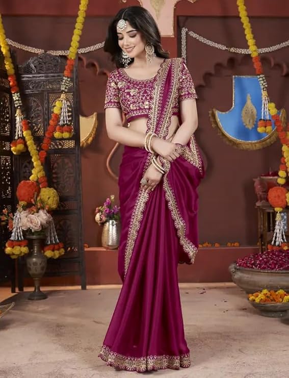 Women's Silk Saree with Embroidered Blouse Piece, Traditional Party Wear with Gold Border and Hand Work Lace - Image 2
