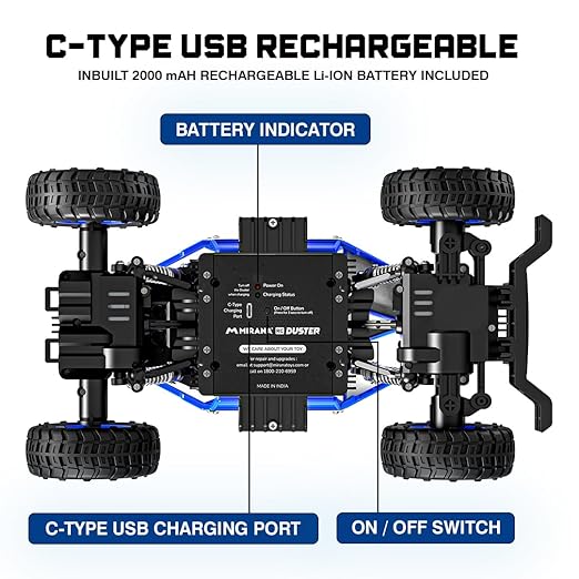 Mirana Duster 4WD RC Car Toy for Kids | Rechargeable USB C-Type Offroad Monster Truck with Smoke Exhaust | High Speed ATV Remote Control Rock Crawler | Gift for Boys & Girls (Blue) - Image 4