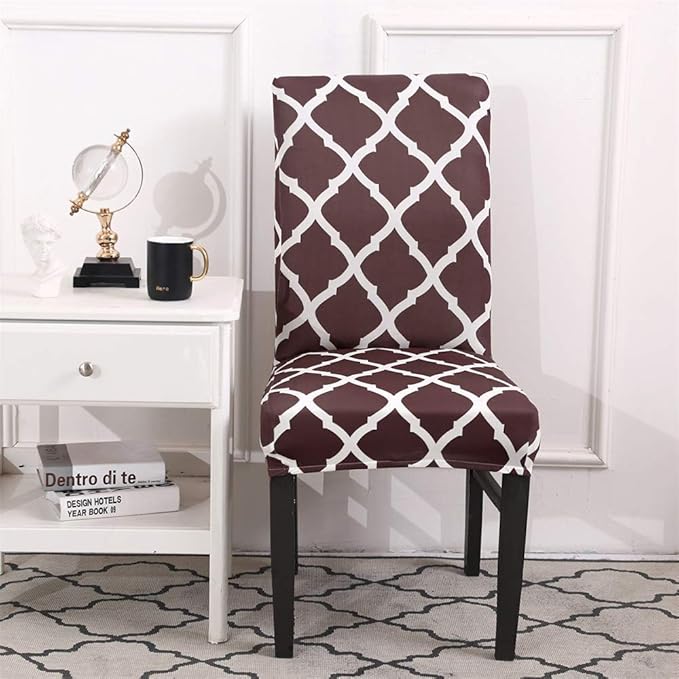 House of Quirk Elastic Chair Cover Stretch Removable Washable Short Dining Chair Cover Protector Seat Slipcover - Brown Diamond (Pack of 6, Polyester, Printed) - Image 4