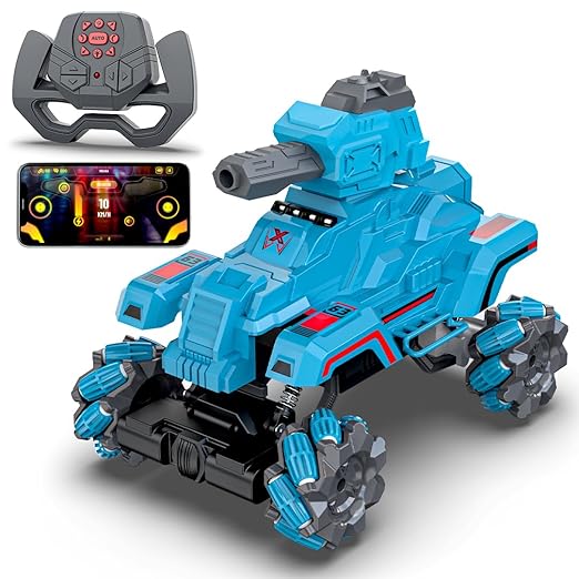 Mirana Drifter Tank Bullet Shooter 4WD 4x4 RC Car Toy for Kids - Remote & App Controlled Vehicle - 360 Rotation & Omnidirection Wheels - Type-C USB Rechargeable - for Boys & Girls 4+ Years (Blue)