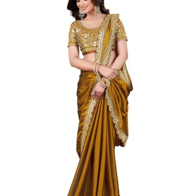 Women's Silk Saree with Embroidered Blouse Piece, Traditional Party Wear with Gold Border and Hand Work Lace
