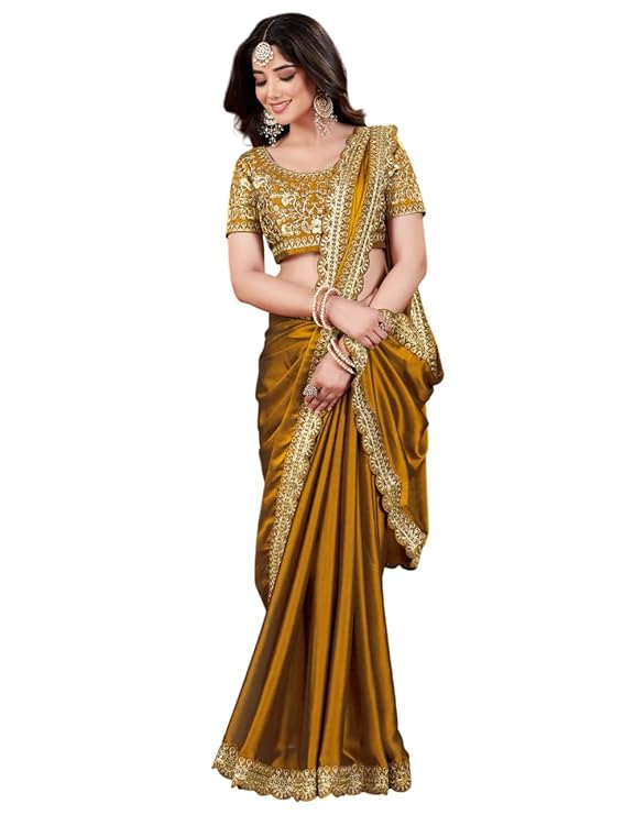 Women's Silk Saree with Embroidered Blouse Piece, Traditional Party Wear with Gold Border and Hand Work Lace
