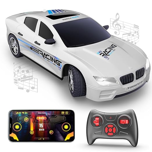 Mirana Tracer Remote & App Controlled Car Toy for Kids | USB Type-C Rechargeable High Speed Drift RC Vehicle | 1.5X Nitro Boost with in-Built Bluetooth Speakers for Boys & Girls (White)