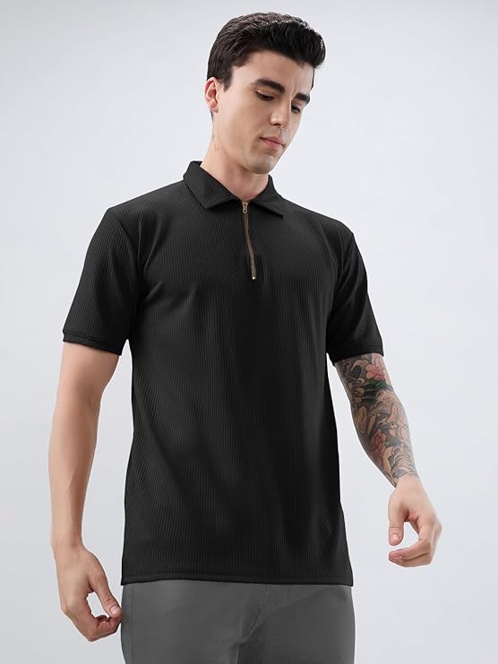 KAJARU Men's Polyster Blend Regular Fit T-Shirt with Half Sleeve Chain Polo Collar V-Neck Standard Length and Classic Style - Image 3
