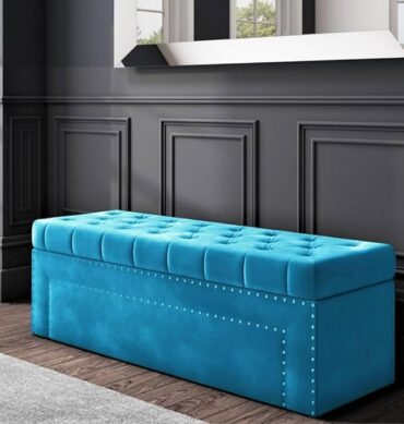 Roman Velvet Upholstered Ottoman Ripit with Storage 2 Seater Sofa Storage Box Footstool Toy Chest Shoe Bench Seats and Bed End Storage (Light Blue)
