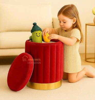Round Luxurious Ottoman with Storage Box Dutch Velvet Pouffe Footstool, Footrest Vanity Stool for Bedroom Living Room Balcony Snack, Storage for Kids Toys - (Red)