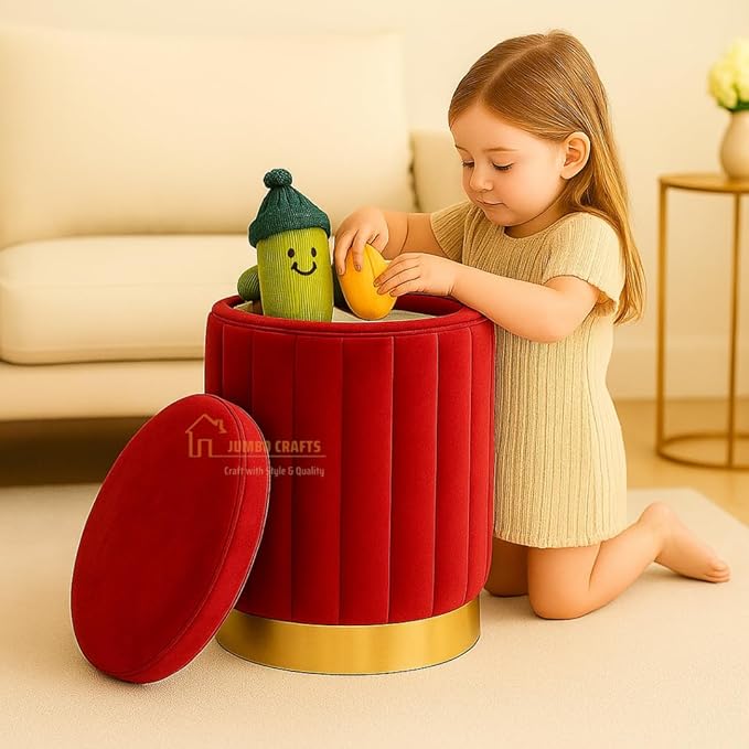 Round Luxurious Ottoman with Storage Box Dutch Velvet Pouffe Footstool, Footrest Vanity Stool for Bedroom Living Room Balcony Snack, Storage for Kids Toys - (Red)