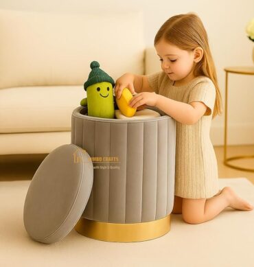 Round Luxurious Ottoman with Storage Box Dutch Velvet Pouffe Footstool, Footrest Vanity Stool for Bedroom Living Room Balcony Snack, Storage for Kids Toys - (Grey)