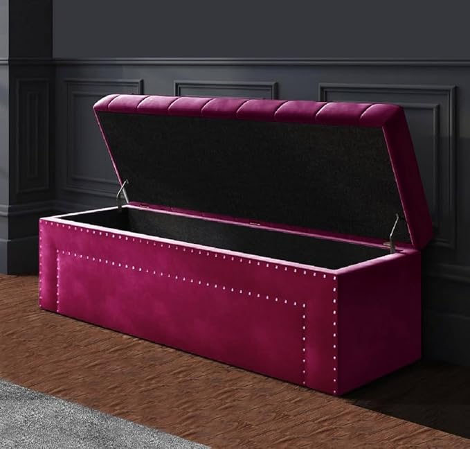 Roman Velvet Upholstered Ottoman Ripit with Storage 2 Seater Sofa Storage Box Footstool Toy Chest Shoe Bench Seats and Bed End Storage (Dark Pink) - Image 2