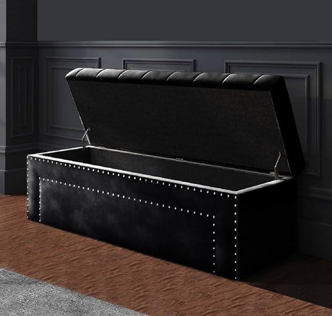 Roman Velvet Upholstered Ottoman Ripit with Storage 2 Seater Sofa Storage Box Footstool Toy Chest Shoe Bench Seats and Bed End Storage (Black) - Image 2