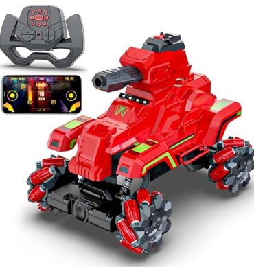 Mirana Drifter Tank Bullet Shooter 4WD 4x4 RC Car Toy for Kids - Remote & App Controlled Vehicle - 360 Rotation & Omnidirection Wheels - Type-C USB Rechargeable - for Boys & Girls 4+ Years (Red)