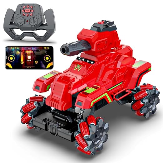 Mirana Drifter Tank Bullet Shooter 4WD 4x4 RC Car Toy for Kids - Remote & App Controlled Vehicle - 360 Rotation & Omnidirection Wheels - Type-C USB Rechargeable - for Boys & Girls 4+ Years (Red)
