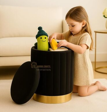 Round Luxurious Ottoman with Storage Box Dutch Velvet Pouffe Footstool, Footrest Vanity Stool for Bedroom Living Room Balcony Snack, Storage for Kids Toys - (Black)