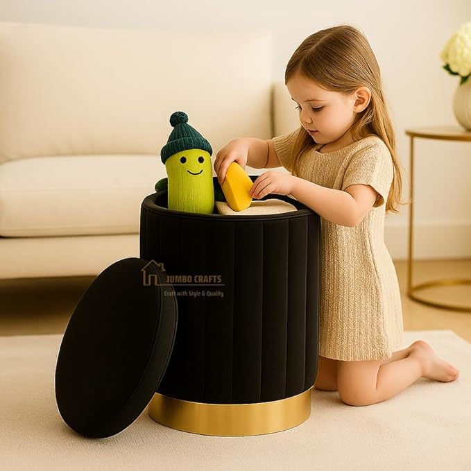 Round Luxurious Ottoman with Storage Box Dutch Velvet Pouffe Footstool, Footrest Vanity Stool for Bedroom Living Room Balcony Snack, Storage for Kids Toys - (Black)