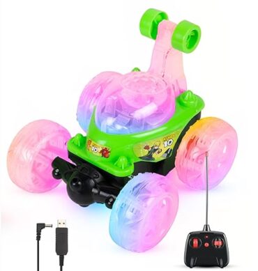 Gooyo 9802 Rechargeable 5 Functions 360? Rotating & Rolling Big Stunt Car Toy with USB Cable & Remote Controller with Demo Feature | Green Color, Power Source: Lithium Battery in Car (Included)