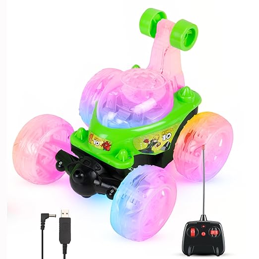 Gooyo 9802 Rechargeable 5 Functions 360? Rotating & Rolling Big Stunt Car Toy with USB Cable & Remote Controller with Demo Feature | Green Color, Power Source: Lithium Battery in Car (Included)