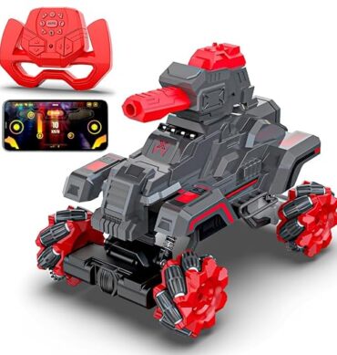 Mirana Drifter Tank Bullet Shooter 4WD 4x4 RC Car Toy for Kids - Remote & App Controlled Vehicle - 360 Rotation & Omnidirection Wheels - Type-C USB Rechargeable - for Boys & Girls 4+ Years (Grey)