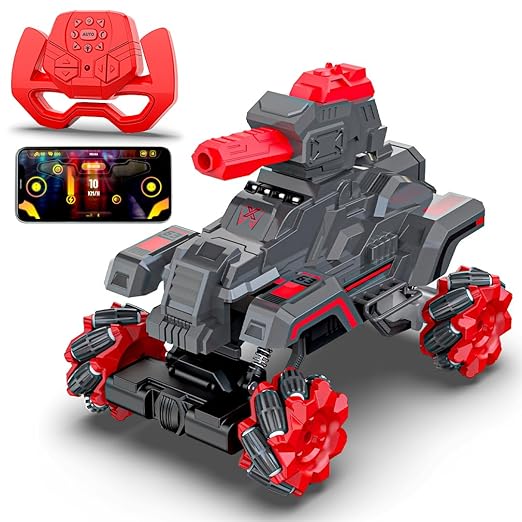 Mirana Drifter Tank Bullet Shooter 4WD 4x4 RC Car Toy for Kids - Remote & App Controlled Vehicle - 360 Rotation & Omnidirection Wheels - Type-C USB Rechargeable - for Boys & Girls 4+ Years (Grey)