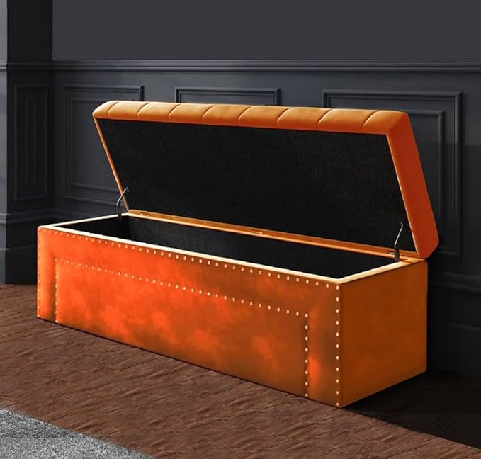 Roman Velvet Upholstered Ottoman Ripit with Storage 2 Seater Sofa Storage Box Footstool Toy Chest Shoe Bench Seats and Bed End Storage (Burnt Orange) - Image 2