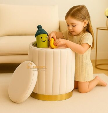 Round Luxurious Ottoman with Storage Box Dutch Velvet Pouffe Footstool, Footrest Vanity Stool for Bedroom Living Room Balcony Snack, Storage for Kids Toys - (Cream)