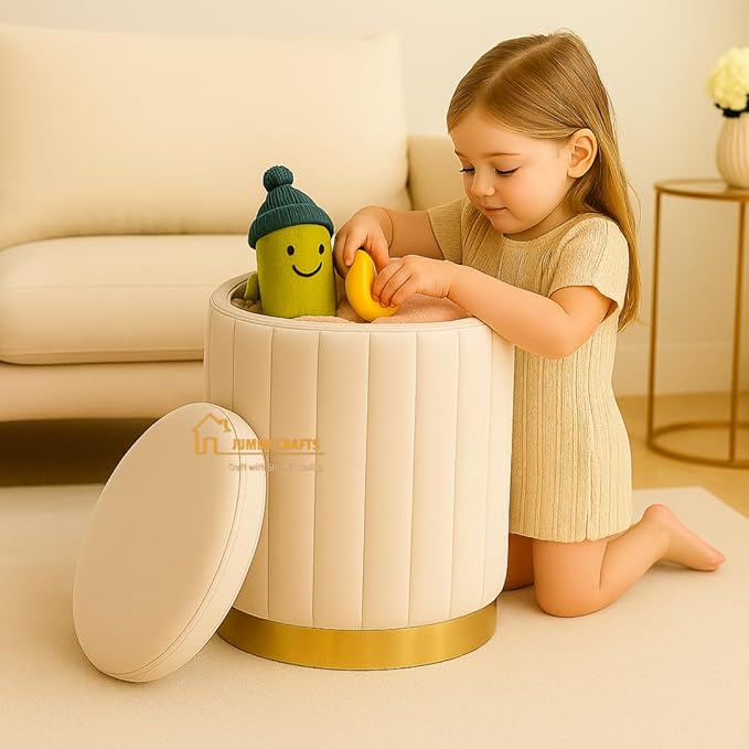 Round Luxurious Ottoman with Storage Box Dutch Velvet Pouffe Footstool, Footrest Vanity Stool for Bedroom Living Room Balcony Snack, Storage for Kids Toys - (Cream)