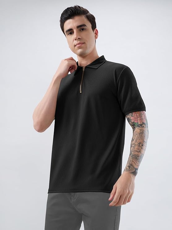 KAJARU Men's Polyster Blend Regular Fit T-Shirt with Half Sleeve Chain Polo Collar V-Neck Standard Length and Classic Style - Image 4