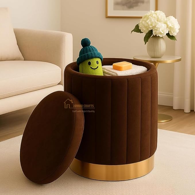 Round Luxurious Ottoman with Storage Box Dutch Velvet Pouffe Footstool, Footrest Vanity Stool for Bedroom Living Room Balcony Snack, Storage for Kids Toys - (Brown)