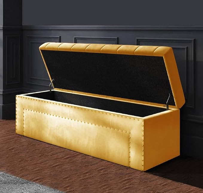 Roman Velvet Upholstered Ottoman Ripit with Storage 2 Seater Sofa Storage Box Footstool Toy Chest Shoe Bench Seats and Bed End Storage (Mustard) - Image 2