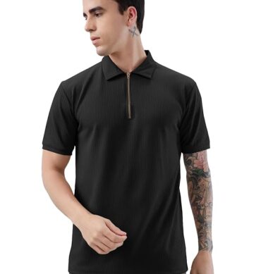 KAJARU Men's Polyster Blend Regular Fit T-Shirt with Half Sleeve Chain Polo Collar V-Neck Standard Length and Classic Style