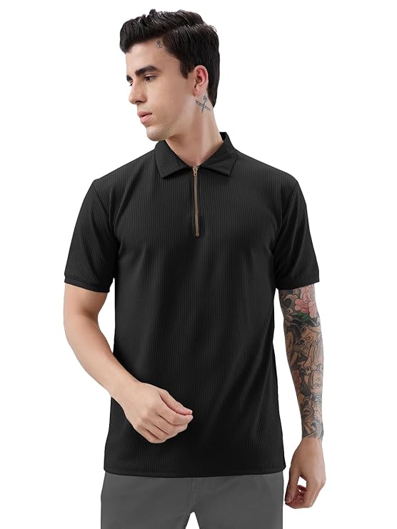 KAJARU Men's Polyster Blend Regular Fit T-Shirt with Half Sleeve Chain Polo Collar V-Neck Standard Length and Classic Style