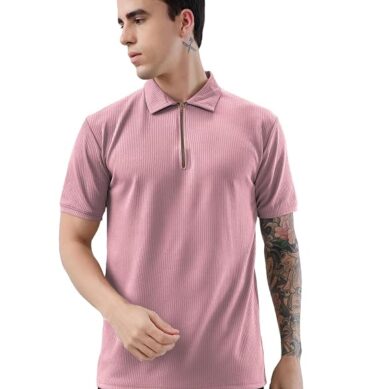 KAJARU Men's Polyster Blend Regular Fit T-Shirt with Half Sleeve Chain Polo Collar V-Neck Standard Length and Classic Style